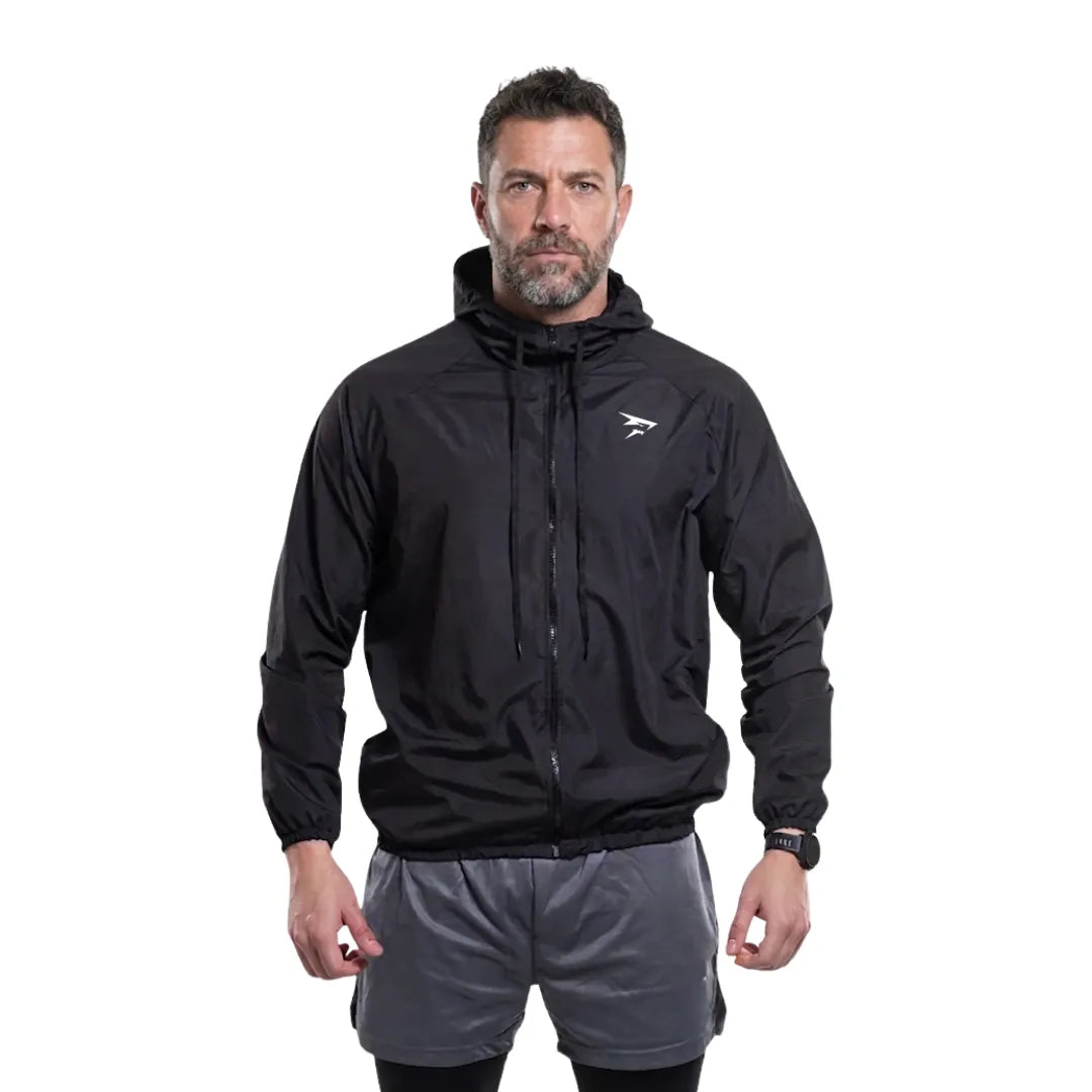 Schwarzer Windbreaker mit Kapuze