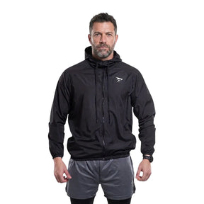 Schwarzer Windbreaker mit Kapuze